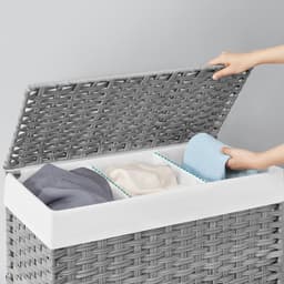 Wasmmand vuile wasmand rietstijl geweven wasmand met 3 compartimenten, uitneembare voering, handgrepen en deksel, geschikt voor woonkamer, badkamer en wasruimte, 66 x 33 x 60 cm, grijs. — thumbnail 4