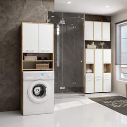 Wasmachine-ombouwkast met 2 deuren | Bovenbouwkast 64 cm | Hoge Wasmachinekast | Opbergkast voor Badkamer | Wit Artisan-eiken — thumbnail 4