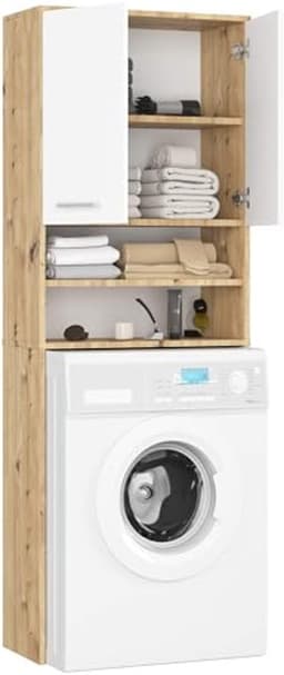Wasmachine-ombouwkast met 2 deuren | Bovenbouwkast 64 cm | Hoge Wasmachinekast | Opbergkast voor Badkamer | Wit Artisan-eiken — thumbnail 3