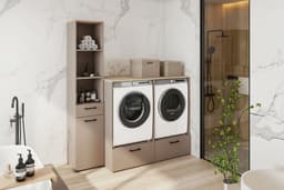 Trendmeubel - Wasmachine droger ombouw en kast met wasmand- 132 cm - Beige — thumbnail 1