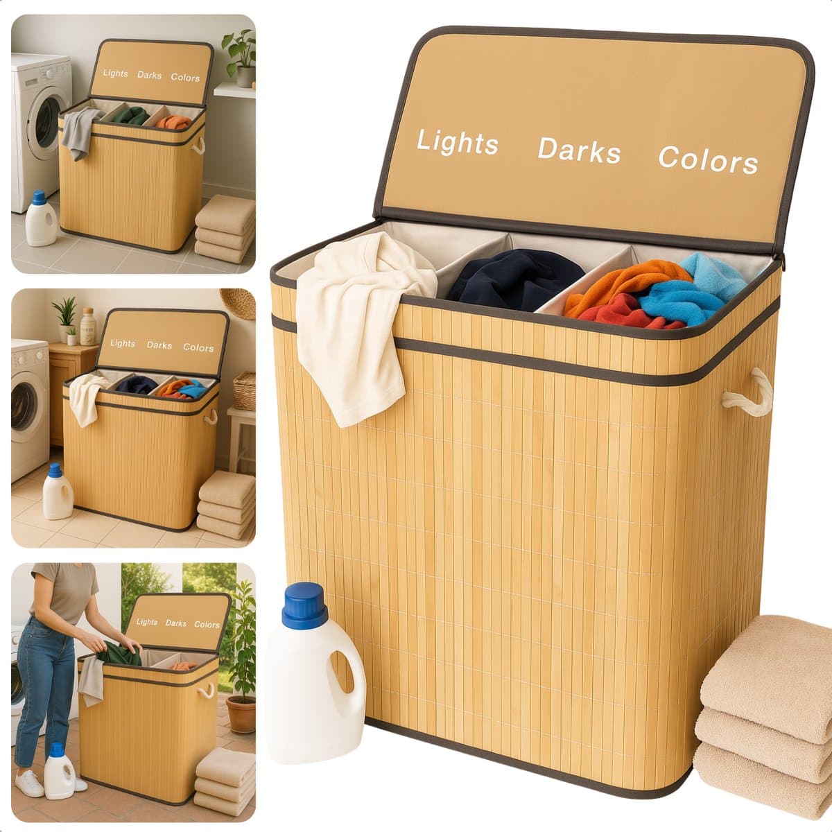 Cheqo® Wasmand 3 Vakken - Wassorteerder - Bamboe Materiaal - Uitneembare Waszak - Licht Donker Kleur - 100 Liter Inhoud - Naturel Kleur - Wasbare Binnenzak - Wasgoed Organizer - Gescheiden Was — afbeelding 1