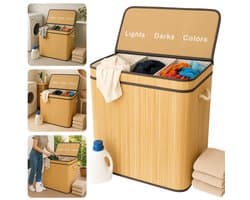 Cheqo® Wasmand 3 Vakken - Wassorteerder - Bamboe Materiaal - Uitneembare Waszak - Licht Donker Kleur - 100 Liter Inhoud - Naturel Kleur - Wasbare Binnenzak - Wasgoed Organizer - Gescheiden Was