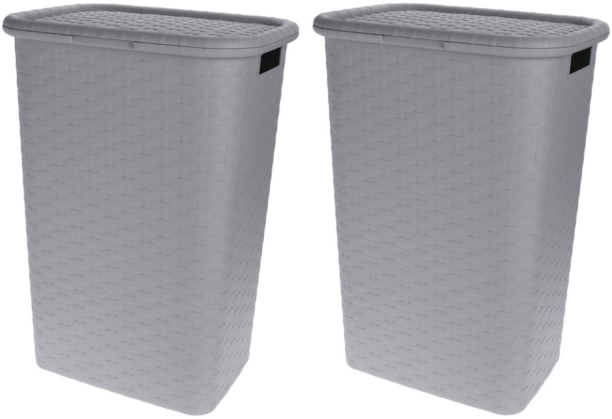 Storage Solutions Wasmand - 2x stuks - rotan - met deksel - grijs - 60 liter - 33 x 44 x 60 cm - gevlochten kunststof — afbeelding 1
