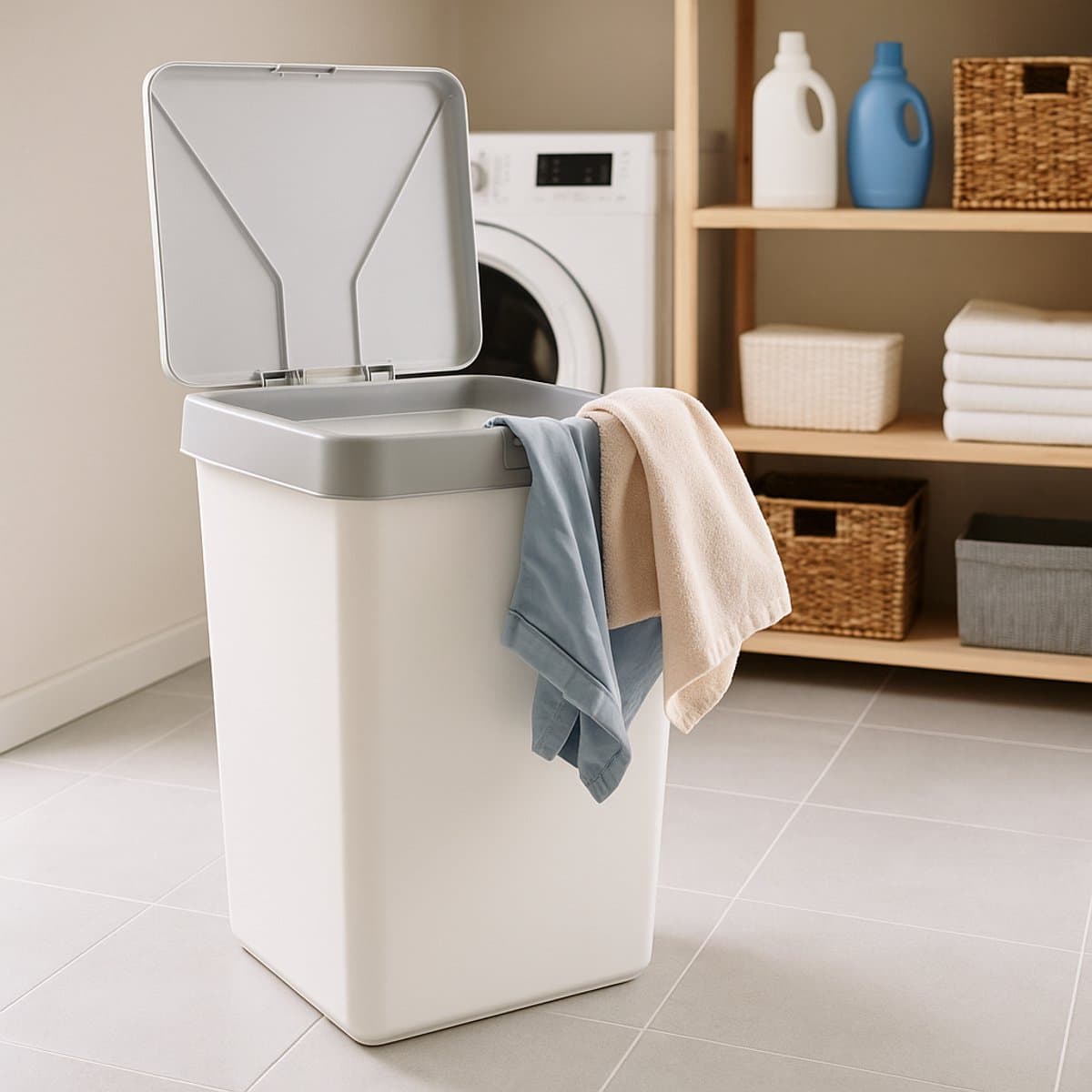 Motek® - Wasmand -Mono Vak met Touch Deksel - 40 L - wasmand met deksel - Wassorteerder - Grijs - Wit — afbeelding 1