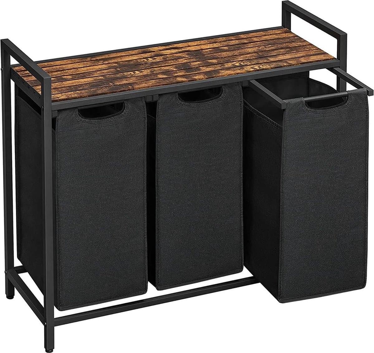 MKSS® Wasmand 3 Vakken - Wassorteerder - Wasmand met Deksel - Zwart met Hout — afbeelding 1