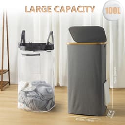 100L Wasmand Deksel Grijs Verbeterde Stabiele Wasbak Smal Wasmand Opvouwbaar Verwijderbare Waszak Wassorteerder Wasbox Waskist - Grote Capaciteit Stevige Constructie — thumbnail 4
