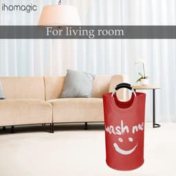 Vuile wasverzamelaar, grote opvouwbare wasmand met zachte handgrepen, staande wasmanden, smiley waszakken voor slaapkamer, wasgoed, slaapzaal, camping, irriteren (rood) — thumbnail 3