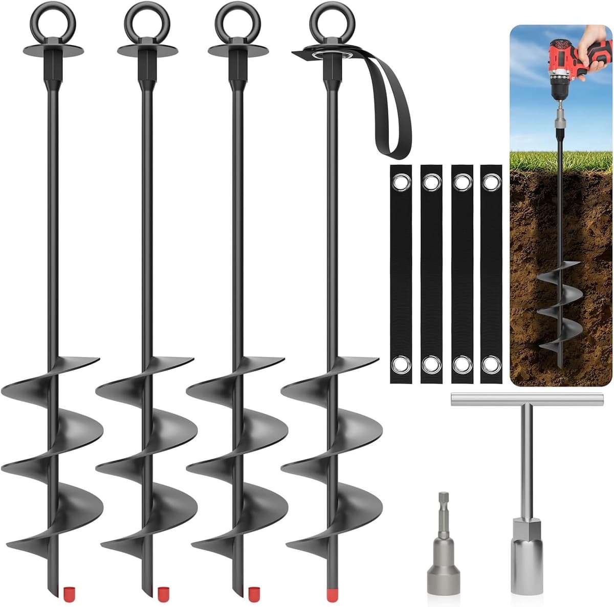 SnelShoppen - Zware Roestvrijstalen Grondankers 45 cm - 4 Stuks Schroefankers met Banden en Montagegereedschap - Windvaste Bevestigingskit voor Trampo — afbeelding 1