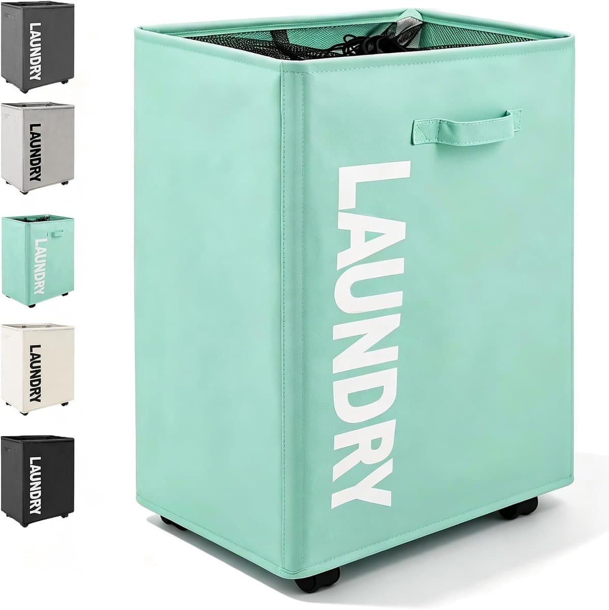 Wasmand met Wieltjes 65L Opvouwbare mobiele wasmand met 4 wielen Opvouwbare Wasverzamelaar Oxford Vuile Kleren Opbergmand Inklapbare Wasmand, Geschikt voor Kleding, Dekens (Lichtblauw) — afbeelding 1
