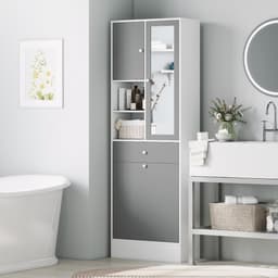 Badkamerkast met wasmand en spiegel - verstelbare plank - 62 x 28 - 3 x 181 cm - grijs en wit — thumbnail 2