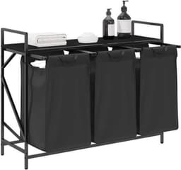 Wasmand – Laundry Basket – Wasbak – Wasbox – Laundry Hamper – 3 Compartiments – Zwart Eikenhout – Stalen Frame – Met Opbergrek — thumbnail 3