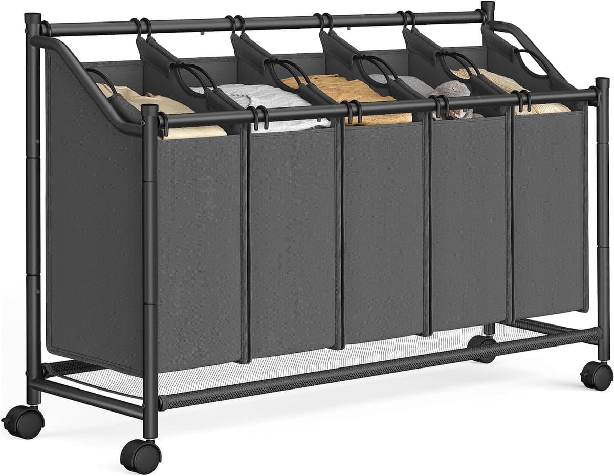 SONGMICS Wasmand met Wielen, Wasmand met 5 Uitneembare Waszakken, Waswagen, voor Wasruimte, Slaapkamer, Badkamer, 5 x 35 L, Leisteengrijs — afbeelding 1