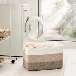 Dekentjesmand, rechthoekige geweven manden voor opslag, 65 liter - wasmand voor decoratieve kinderkamer, speelgoed, vuile kleding en tijdschriften in kasten, babykamer en woonkamer - Kaki — thumbnail 4
