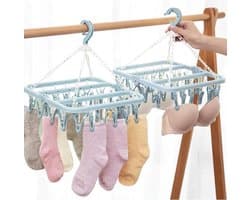 Hangend droogrek met 32 ​​knijpers — Veelzijdig rek voor sokken, ondergoed en kleine kledingstukken — Hoog draagvermogen, draaibare haak, stevige grip — Opvouwbaar, draagbaar en ruimtebesparend — 32 x 32 x 35 cm
