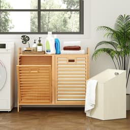 COSTWAY Dubbele wasmand, draaibaar, 75 liter, bamboe wasverzamelaar met 2 afneembare containers, handgrepen, vrijstaande badkamerkast, 80 x 30 x 72 cm, voor wasruimte, badkamer, slaapkamer — thumbnail 3