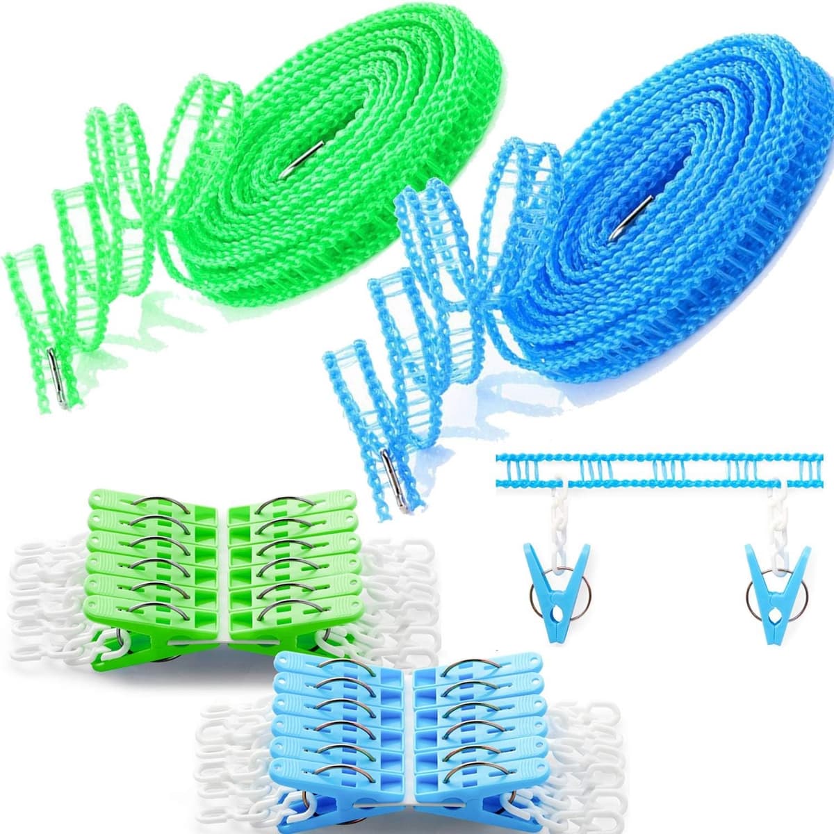 Waslijnen 2 Pack Waslijn Kleding met 24 stuks Clips Drogen Touw Draagbare Winddicht Reizen Waslijn voor Indoor Outdoor Wasserij Perfect Winddicht Kleding Line, Hanger voor Camping Thuis — afbeelding 1