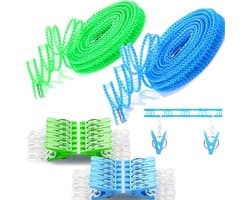 Waslijnen 2 Pack Waslijn Kleding met 24 stuks Clips Drogen Touw Draagbare Winddicht Reizen Waslijn voor Indoor Outdoor Wasserij Perfect Winddicht Kleding Line, Hanger voor Camping Thuis