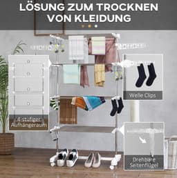 MIVRAY Droogtoren – Inklapbaar Met Wielen En Remfunctie – 142 x 55 x 172 cm – Staal En Kunststof – Wit – Met 4 Lagen En Zijvleugels — thumbnail 4
