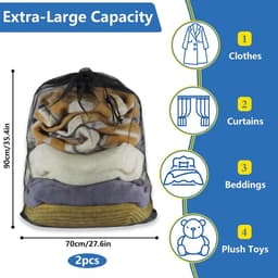Waszakken - Zwart - Extra Grote Capaciteit - Trekkoordsluiting - Voor Kleding en Beddengoed — thumbnail 3