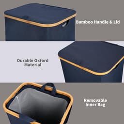 efluky Wasmand met deksel 100 liter, grote wasmand, bamboe 100 l hoge wasmand vuilwasemmer emmer vuile kleding tas, blauw — thumbnail 4