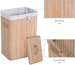Smalle bamboe wasmand - Wasmand met deksel - 72 liter opbergmand - Badkamer wasmand - met handgrepen, 72L inhoud en smal compact ontwerp - Bamboe - 40×30×60 cm - Geschikt voor wasruimte en slaapkamer - Natuurlijke houtkleur — thumbnail 3