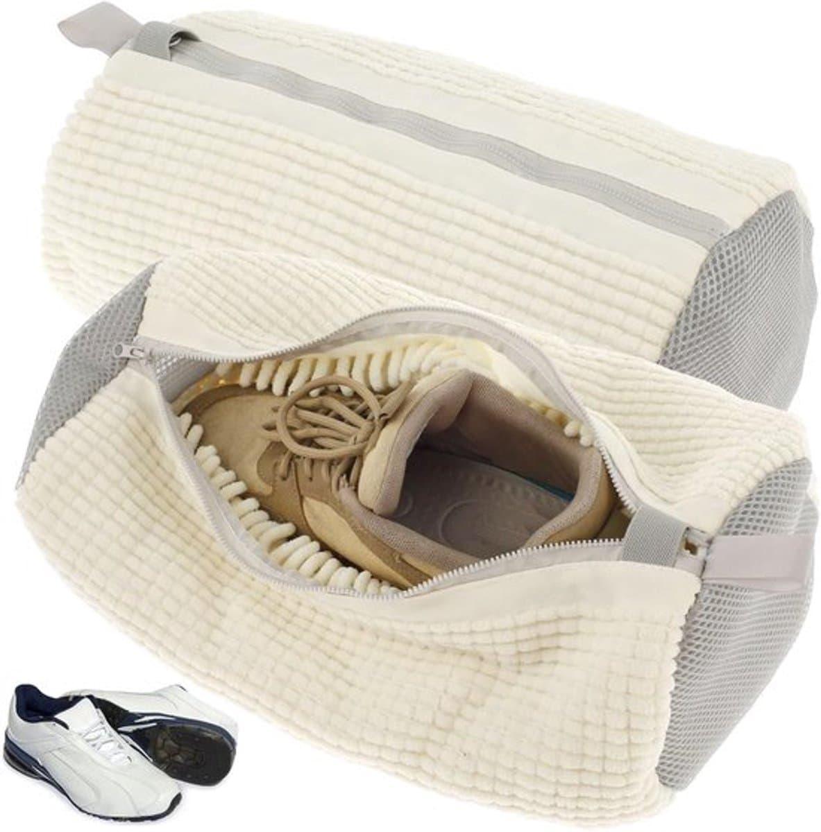 Set van 2 Schoenwaszakken - Wasmachine - 39 x 19 cm - Schoenentas - Waszak met Rits - Herbruikbare Schoenen - Waszak voor Schoenpoetsen - 2 Stuks - Wit — afbeelding 1