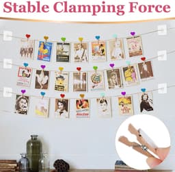 100 stuks hartvormige houten knijpers, klein, kleurrijke wasknijpers, hout, mini-wasknijpers met 30 m jute koord, schaar, 6 zelfklevende haken, 3,5 cm kleine klemmen voor foto's — thumbnail 5