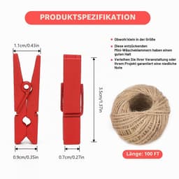 Wasknijpers van hout, fotoclips van hout met 30 m jute koord, voor kleding, foto's, creatieve vrije tijd — thumbnail 3
