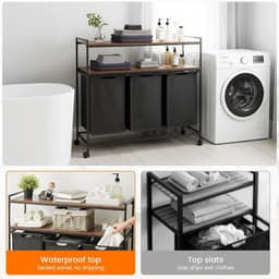 Wasmand 3 vakken - Wasverzamelaar met planken - Wassen sorteren - Uittrekbare waszakken - 3x42L - Zwart-bruin — thumbnail 5
