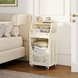SureDeal® - Wasmand - Traps Waskar Opvouwbare - Vergrendelbare Wielen Mand - 40x30x78 cm - Beige — thumbnail 2