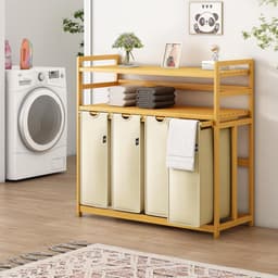 Wasmand, 200 liter, 4 vakken, uittrekbare en afneembare waszak, wasmand, bamboe frame, wasmand, wasmand, wasmand, wasmand, wasmand, wasmand, wassorteerder, bamboe (beige-12-8) — thumbnail 4