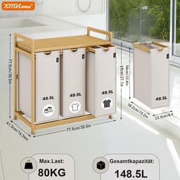 3 vakken 148L Met planken | grote vierkante wasverzamelaar van bamboe, wasbox, visueel aantrekkelijke wassorteerder in 77.5X41.3X77.5 CM grijs — thumbnail 5