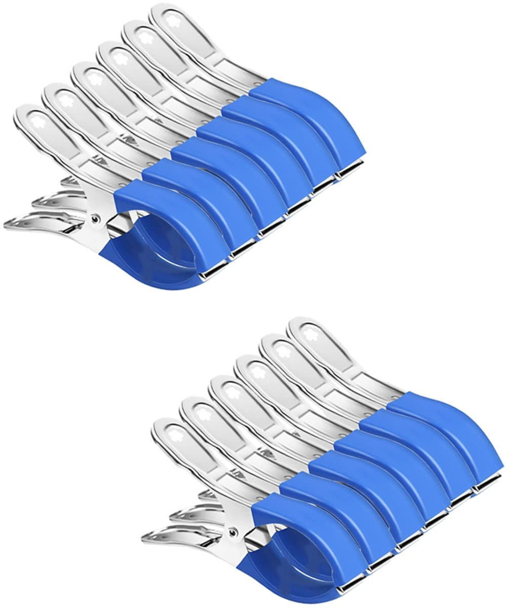 12-pack - Wasknijpers - Metalen veerklemmen - Meubelklemmen - Windbestendige, sterke klemmen - Multifunctioneel - Roestvrij staal - Geschikt voor waslijnen buiten, strandstoelen, tafelkleden en kleding - 12*2*6,5 cm - Blauw — afbeelding 1
