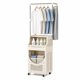 Noventra - Wasmand - met Kledingrek - Wasmand met Rek - Opvouwbare Wasmand - Waswagen met Wielen - Wasgoed Organizer - 3-Laags - Crème — thumbnail 1