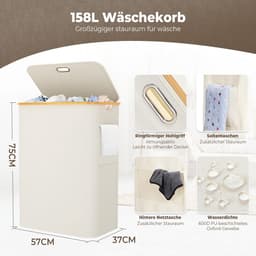 Wasmand met deksel - Kleding organizer - Kleding sorteren - Drie uitneembare vakken - 158 liter - Beige — thumbnail 3