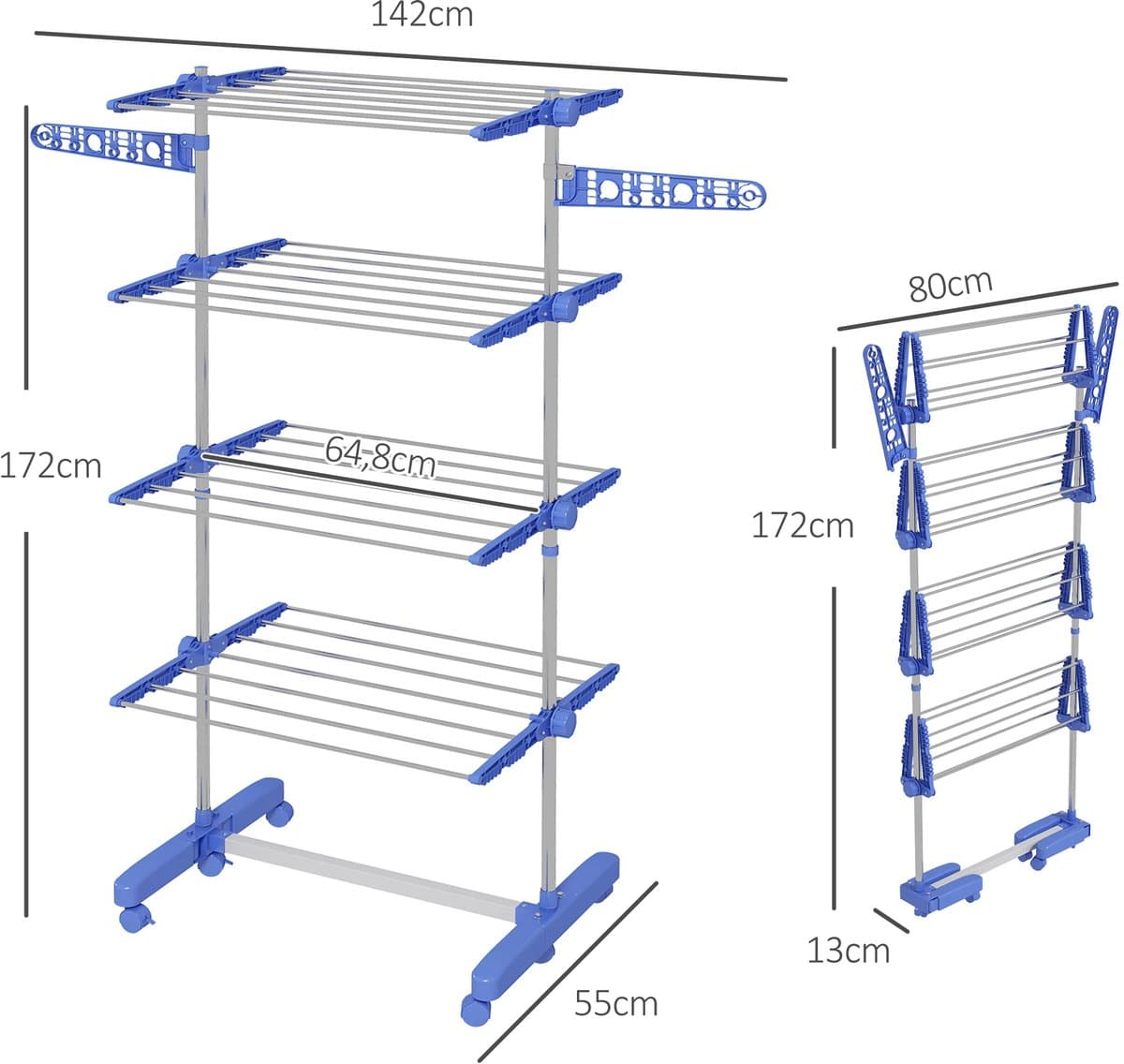 Homcom 4-Level Opvouwbare Verticale Waslijn met 6 Wielen Blauw – waslijn – wanddroogrek – waslijndraad – waslijndraad met stalen kern — afbeelding 1