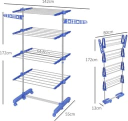 Homcom 4-Level Opvouwbare Verticale Waslijn met 6 Wielen Blauw – waslijn – wanddroogrek – waslijndraad – waslijndraad met stalen kern — thumbnail 1