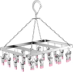 Draaibare, winddichte sokkenhanger, sokkenrek voor waslijn, roestvrijstalen sokkendroger met draaibare haak, ondergoeddroger met 26 clips en spijkers (roze) — thumbnail 1