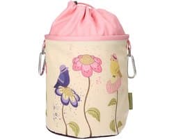 Draagbare wasknijperzak katoen – motief vogels op bloemen – waszak met karabijnhaken & koord – Ø18 x 31 cm – stoffen zak voor knijpers, kamperen, huishouden & tuin