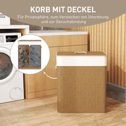 Waskorf - 100L - Wasmand met Deksel - Touw Handvat - Verwijderbare Waszak - Bambus - Bruin — thumbnail 4