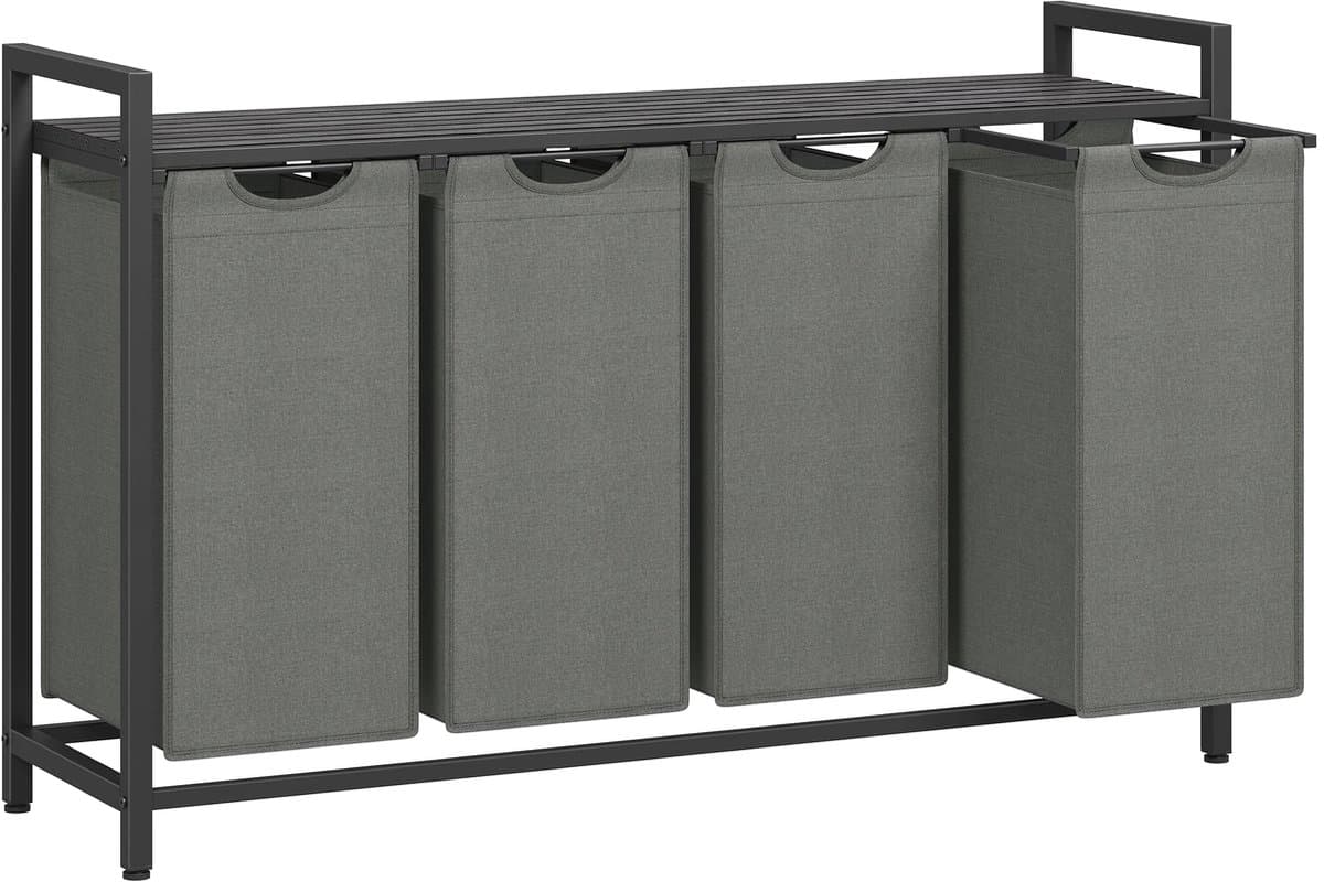 Jessi Store - Wasmand 4 vakken - 160L - Afneembare waszakken - Verstelbare voeten - Wassorteerder - Wasmanden - 116x33x72cm) — afbeelding 1