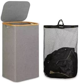 Wasmand - met afneembare waszak - Oxford-stof - bamboe handvat - opvouwbaar - 40,5*33*73 cm -Grijs — thumbnail 1