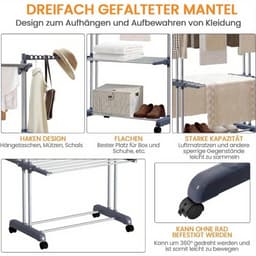 3-Laags Wasdroogrek met Verstelbare Stangen en Wielen – Opvouwbaar Droogrek met Hangers – Geschikt voor Binnen & Buiten — thumbnail 2