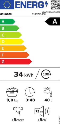 GRUNDIG GW7P5941089M WASMACHINE - ANTRACIET INHOUD: 9 KILO / 1400 TOEREN - — thumbnail 2