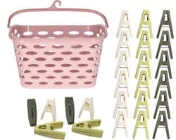 Wasknijpers ophangmandje met haak - roze - en 80x gekleurde wasknijpers van 6 cm - was ophangen