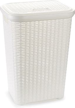 Plasticforte Wasmand met deksel - 2x stuks - 60 liter - wit - rotan - kunststof - L35 x B43 x H62 cm — thumbnail 2