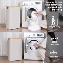 Wasmand 60 l - smal en opvouwbaar - lichtgrijs - met bamboe handvat — thumbnail 3