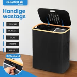 Wasmand 2 Vakken - 150L - Groot formaat - Met uitneembare Waszakken - Wasmand met Deksel - Sterk materiaal - Wassorteerder Zwart - Hanamura — thumbnail 4