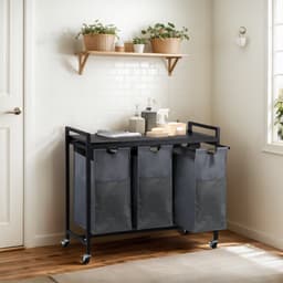 CALIYO Wasmand 3 Vakken - Wassorteerder - Uitschuifbaar - Eenvoudige Montage - 84 x 33 x 75 cm - 117L Capaciteit - 3 Zakken - Bruin Hout - Zwart Metaal - Wasmanden - Wasbox — thumbnail 2