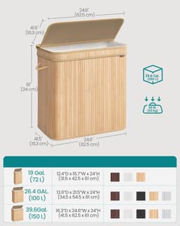SONGMICS Wasmand met deksel, wasmand bamboe, waszak afneembaar en machinewasbaar, met handvatten, 150 liter, voor wasruimte, slaapkamer, woonkamer, naturel beige — thumbnail 2